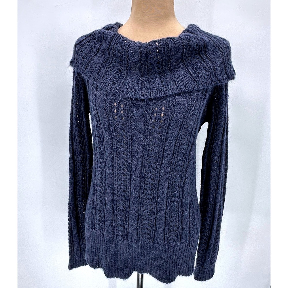 Tommy Hilfiger Womens Navy Blue Alpaca Mohair Cable Knit Cowl Neck Sweater L